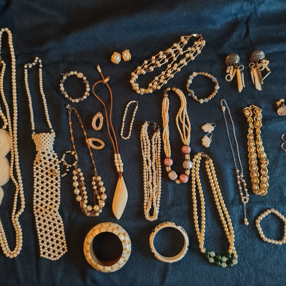 Large White Themed Jewelry Bundle (30+ Pieces) Mostly Vintage
